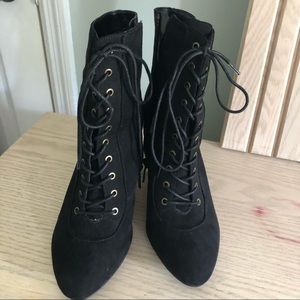 Black suede strap ankle bootie